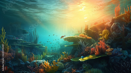 As sunlight filters down from the surface  it illuminates the underwater world   Fishes tropical And Sunshine  Amongst the coral  curious sea creatures such as clownfish and seahorses  Generative AI