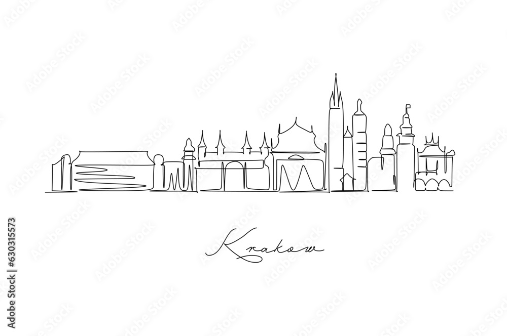 Krakow skyline continuous line drawing hand drawn style design for travel and tourism concept
