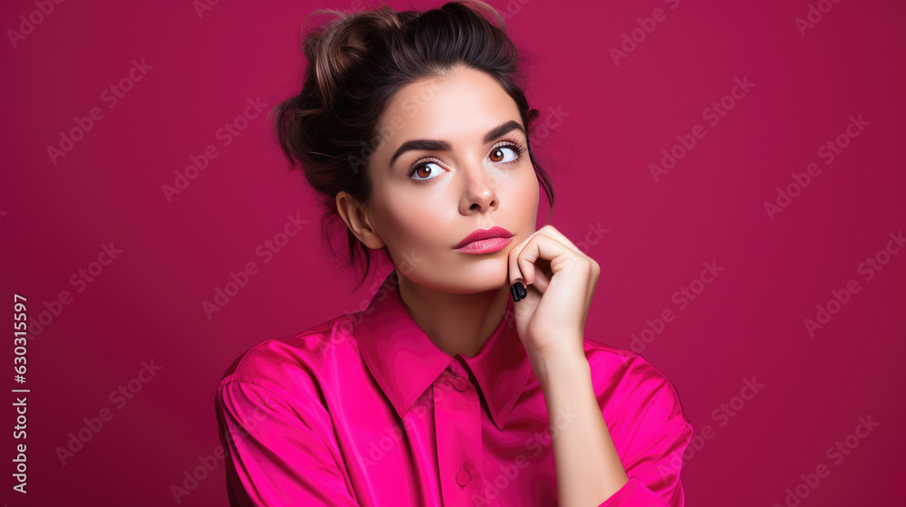 Young thoughtful woman on pink background looking away. Young thoughtful woman on pink background looking away.
