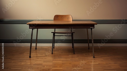 single desk in an empty classroom