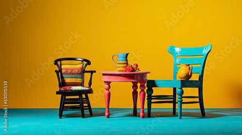 two colorful chair and table on yellow background