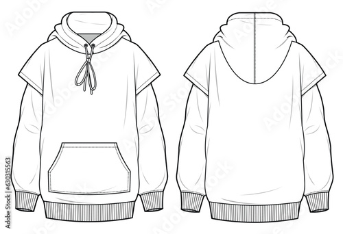 pull-over hoodie front and back view flat drawing vector illustration mockup template