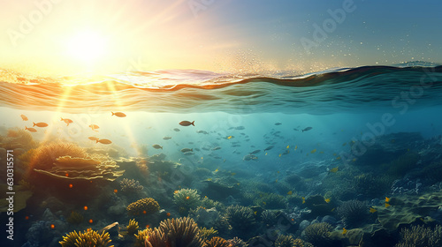 As sunlight filters down from the surface, it illuminates the underwater world, Fishes tropical And Sunshine, Amongst the coral, curious sea creatures such as clownfish and seahorses, Generative AI