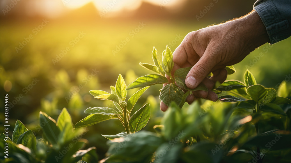 Farmer checks the leaves of the green plants of his fields.