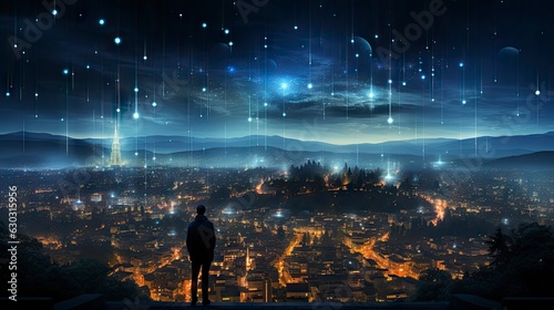 A man staring at a beautiful sky with big data particles above the city at night