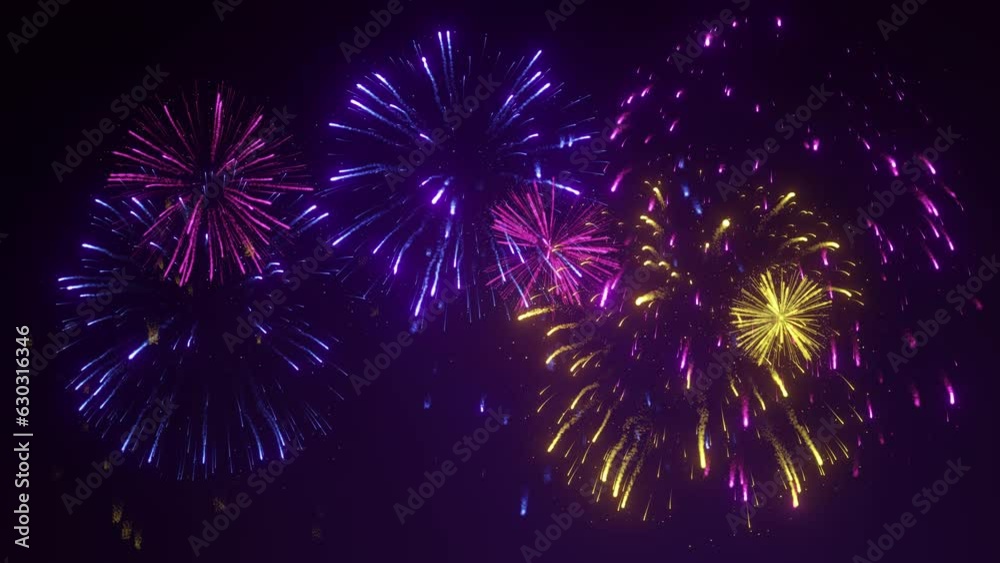 Festive fireworks show, firecrackers in the night sky. Happy celebration, joy and fun atmosphere. New Year's Eve. Creative Christmas background. Seamless loop