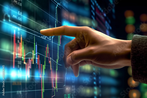 Businessman hand pointing to stock market graph, investment concept, digital screen, AI generated.