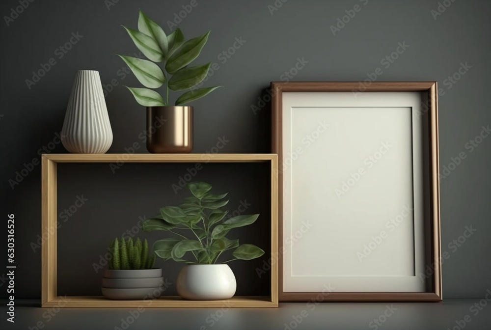 Wooden frame mockup with plant in vase on wall background, generative Ai Wooden frame mockup with plant in vase on wall background, generative Ai