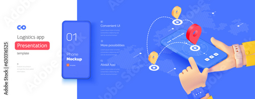 Navigation application template. The hand is holding a smartphone. global navigation system. Geotags on the map. Travel management. Isometric vector illustration isometry 3d style