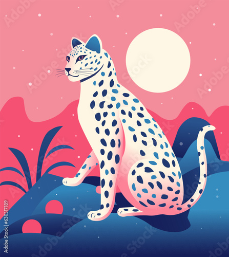 Colorful vector illustation of white leopard or jaguar on pink and blue gradient background with mountains, moon, flower. Magic concept. Trendy, groovy style. For poster, banner, greeting card.