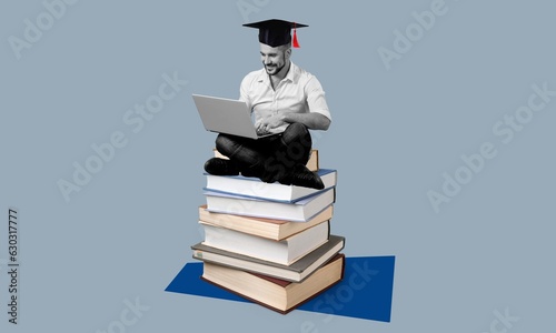 Photo collage of happy student studying with books