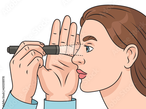Pupillary light reflex. Doctor checks reaction of pupils to light with flashlight schematic vector illustration. Medical science educational illustration