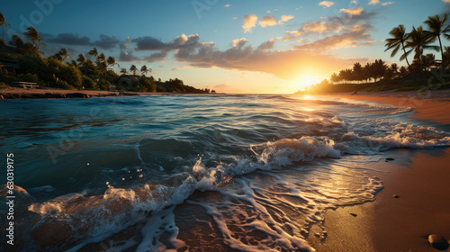 A sandy beach at sunset  with calm waves gently lapping the shore