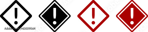 Attention Danger or Hazard Warning Sign with Exclamation Mark and Diamond Shaped Frame Label Icon Set. Vector Image.