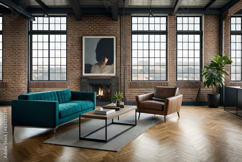 Design an interior of an industrial loft with exposed brick walls  metal accents  and large windows providing views of a bustling urban landscape