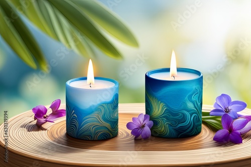 Spa set with candles light and flowers, Concept for skincare treatment wellness, Boutique Spa Retreat and aroma therapy in natural relaxation, tranquil atmosphere