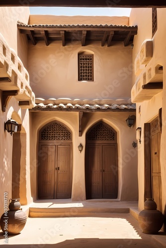 View of the inner courtyard of an old traditional Arab mud brick 
