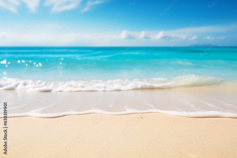 Fototapeta premium sunny sand beach as the foreground, with a soft blurred turquoise sea in the background. For product display