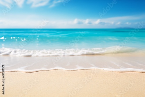 sunny sand beach as the foreground, with a soft blurred turquoise sea in the background. For product display