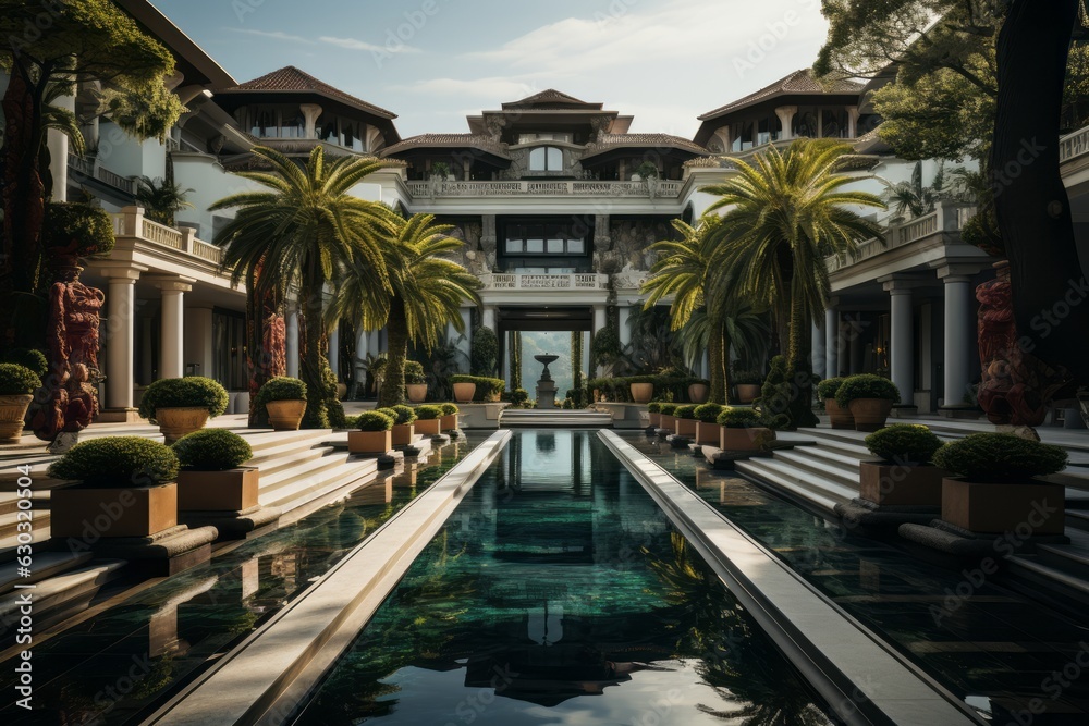 A luxurious mansion with opulent interiors , illustrating the extravagant lifestyle of a powerful narcos boss. Generative Ai
