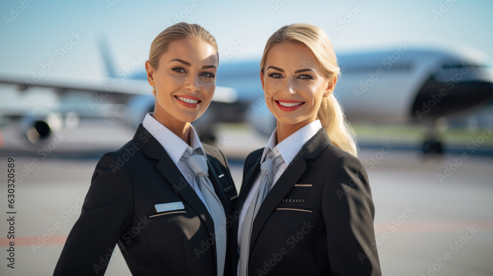 Flight attendants in the background of a passenger airplane. Flight attendants in the background of a passenger airplane.
