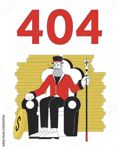 Bearded old businessman among coins error 404 flash message. Wealth. Saving money. Empty state ui design. Page not found popup cartoon image. Vector flat illustration concept on white background