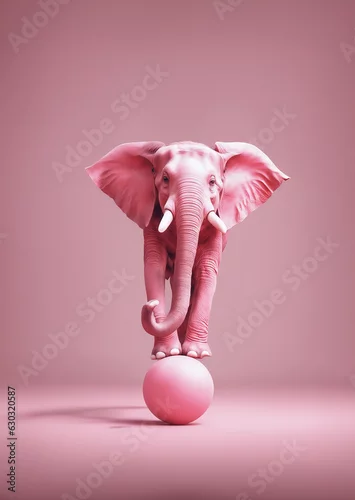 Obraz immagine di elefante rosa in equilibrio su una palla rosa su uno sfondo rosa