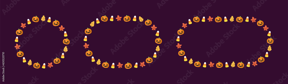 Round Halloween frame border with cartoon jack o lantern, pumpkins, candy corn set. Cute Halloween card template collection. Vector illustrations.