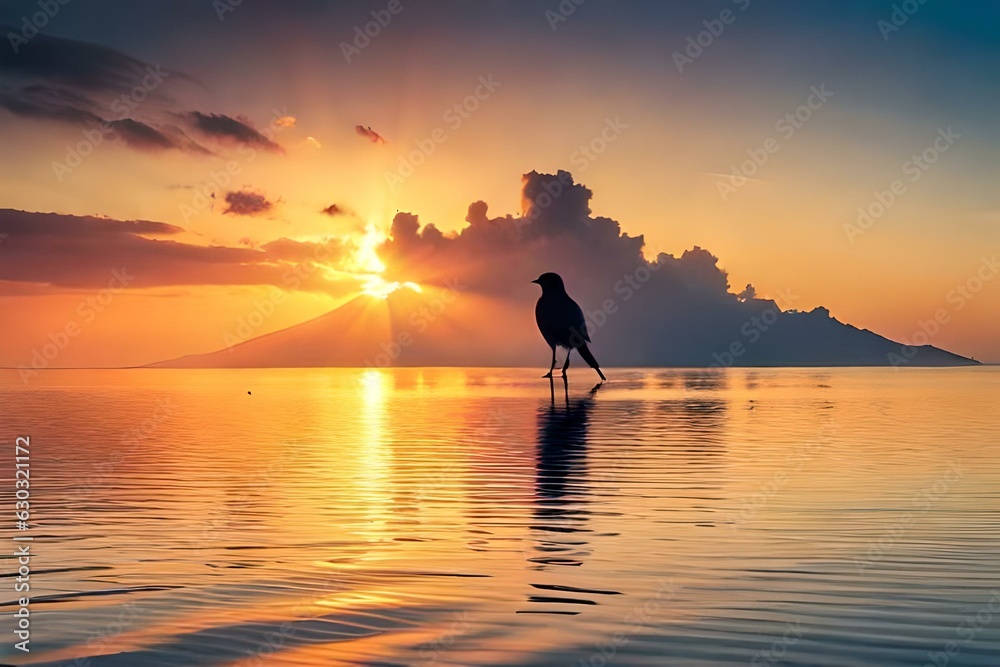bird with sunset over the sea generated by AI technology