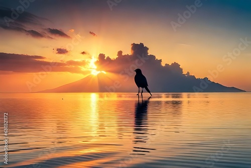 bird with sunset over the sea generated by AI technology © Sabir