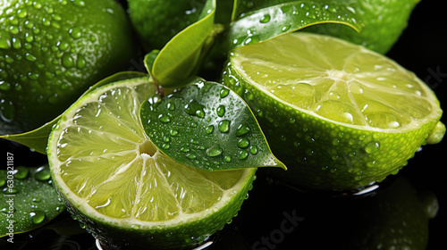 Lime background, adorned with glistening raindrops of water. top down view. shot using a dsIr camera, iso 800. professional color grading, Created with Generative AI Technology.