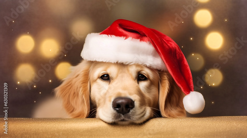 Cute golden retriever dog in Santa Claus hat. Garland lights. Holiday banner greeting card with copy space