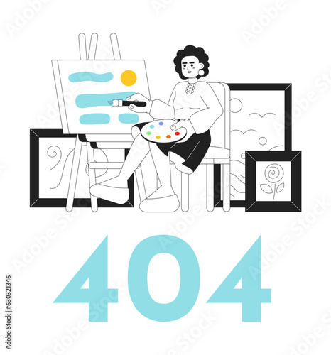 Woman in art studio painting picture black white error 404 flash message. Creative hobby. Monochrome empty state ui design. Page not found popup cartoon image. Vector flat outline illustration concept
