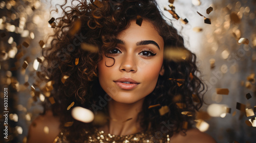 Young woman surrounded by flying confetti