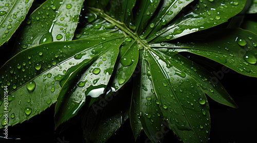 Palms rainforest background, adorned with glistening raindrops of water. top down view. shot using a dsIr camera, iso 800. professional color grading, Created with Generative AI Technology. photo