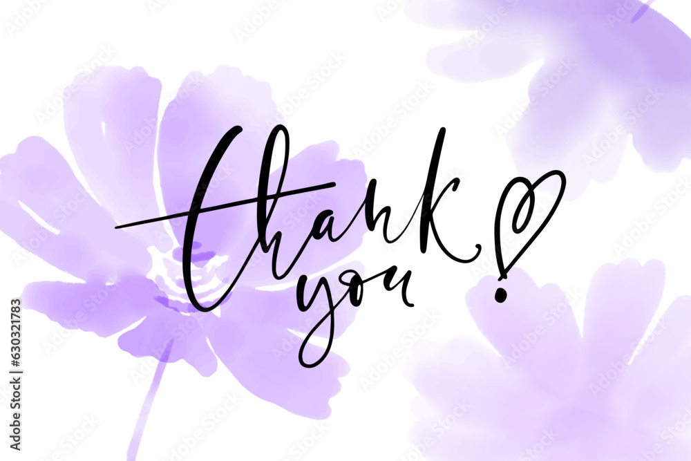 Thank you horizontal vector card. Hand drawn greetings lettering. Modern thin script lettering on watercolor flowers background.