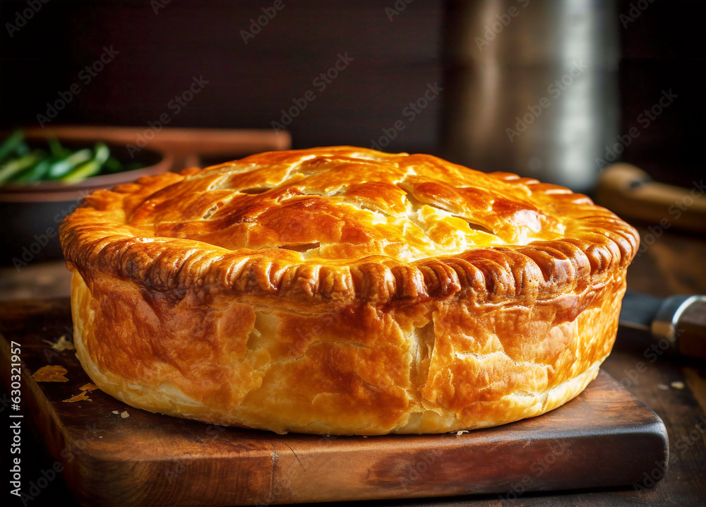 Traditional New Zealand style meat pie with buttery flaky pastry on wood cutting board. Local cuisine specialty - obrazy, fototapety, plakaty 