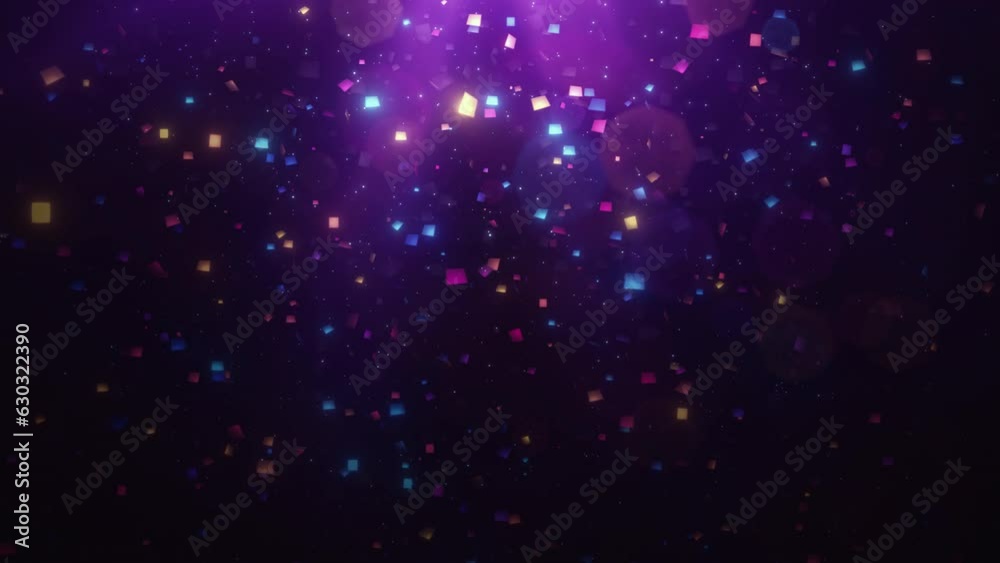 Festive glittering falling confetti. Elegant colorful particle flow. Gentle stream of luxury dust, magical snowfall, creative soft bokeh, awarding abstract background. Seamless loop