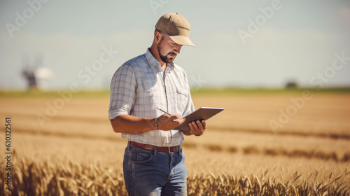Man farmer in hat walking the field of wheat and using tablet computer. Agricultural concept.