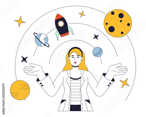 Female astrophysicist flat line concept vector spot illustration. Space exploration. Rocket science 2D cartoon outline character on white for web UI design. Editable isolated color hero image