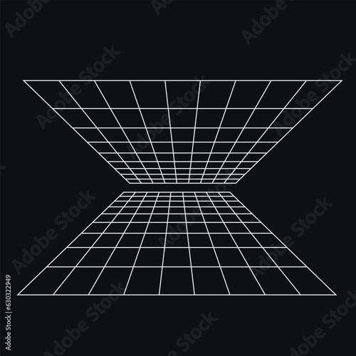 White geometry wireframe grid backgrounds in white color black background. 3D abstract posters, patterns, cyberpunk elements in trendy psychedelic rave style. 