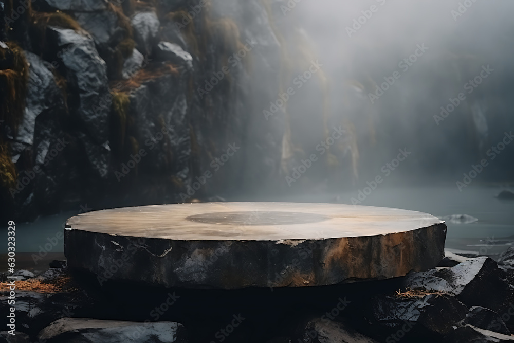 A round podium with smoke on a rainforest backdrop, can be used for display or montage your products AI Generative A round podium with smoke on a rainforest backdrop, can be used for display or montage your products AI Generative