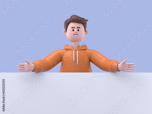 3D illustration of smiling male guy Qadir holding a board.3D rendering on blue background.
 photo