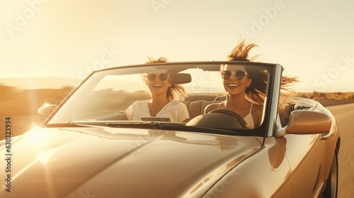 Two happy young girls in sunglasses traveling in a convertible at sunset. Beige tones. Cover, postcard