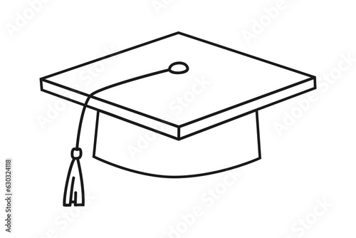Hand drawn cute outline illustration of school graduation hat with tassel. Flat vector college graduate costume cap in line art doodle style. Education or study sticker, icon. Back to school. Isolated