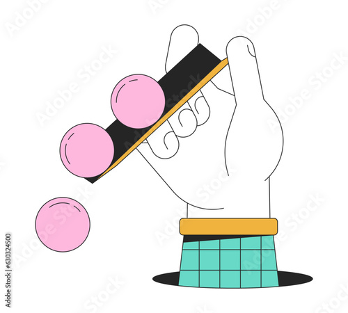 Holding gutter with falling spheres flat line color isolated conceptual clipart. Surreal absurd. Editable vector object on white background. Simple outline cartoon spot illustration for web design