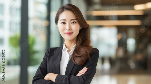 Close up portrait of a smiling young asian businesswoman in suit standing against office background.