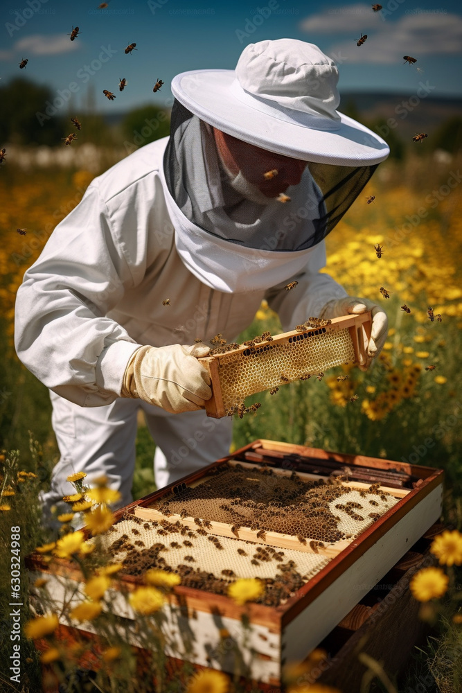 Beekeeper in protective suit working on bee hive with honey bees. Generative AI Beekeeper in protective suit working on bee hive with honey bees. Generative AI