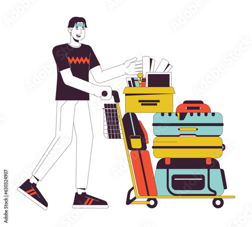 College freshman with belongings flat line vector spot illustration. College kid with luggage 2D cartoon outline character on white for web UI design. Moving to dorm editable isolated color hero image