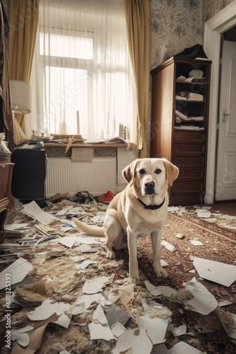 Dog being naughty make mess in apartment, boredom and loneliness. House destroyed by dog left alone. Generative AI